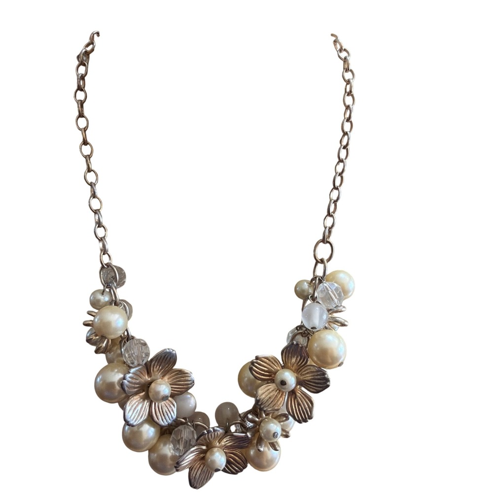 Silver Tone Faux Pearl and Metallic Flower Bib Statement Necklace Elegant